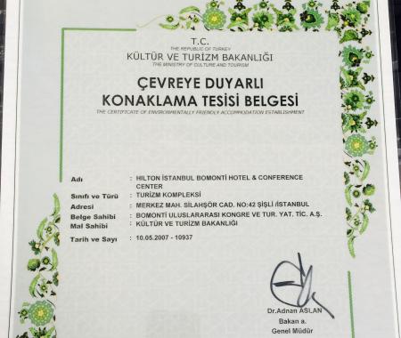 Hilton İstanbul Bomonti’ye ‘Yeşil Yıldız’ belgesi