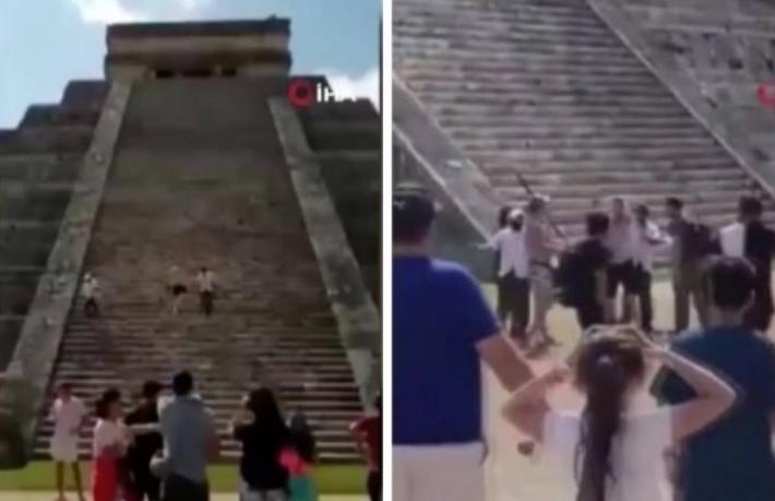 Koruma altındaki piramide tırmanan turiste sopalı saldırı